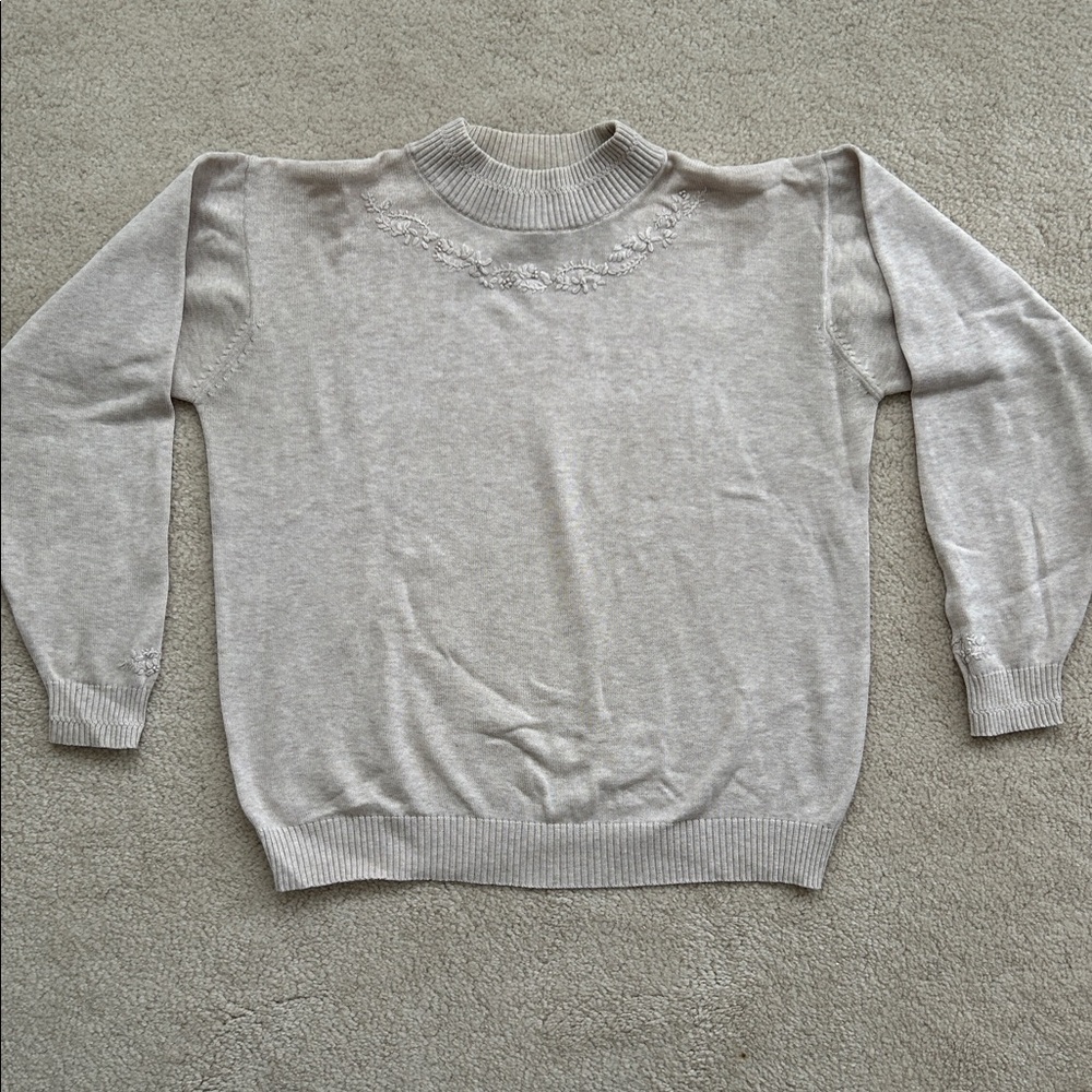 100% Cotton Women's Embroidered Cream Sweater - Size S